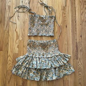 The Reset sz L tank skirt set yellow green purple floral ruched elastic ruffled